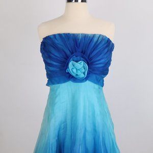 Tadashi Strapless Blue Ombre Chiffon Ruched Flower Dress Gown Party Cocktail